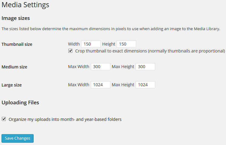 Screen shot of how to change media size settings in WordPress