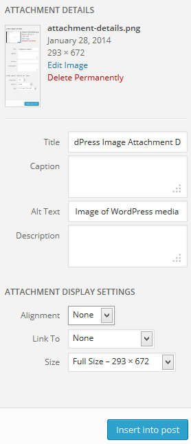 Image of the Attachment Details pane when adding media in WordPress