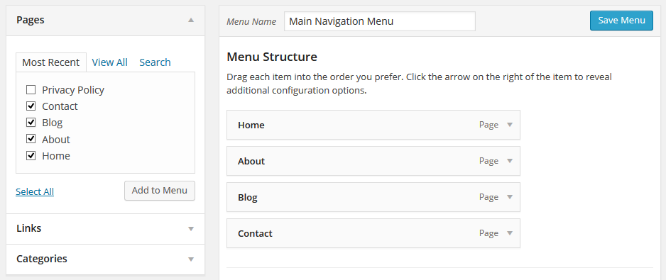Add pages and posts to a menu in WordPress