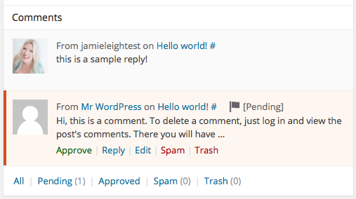 Manage WordPress comments using your Dashboard's activity screen