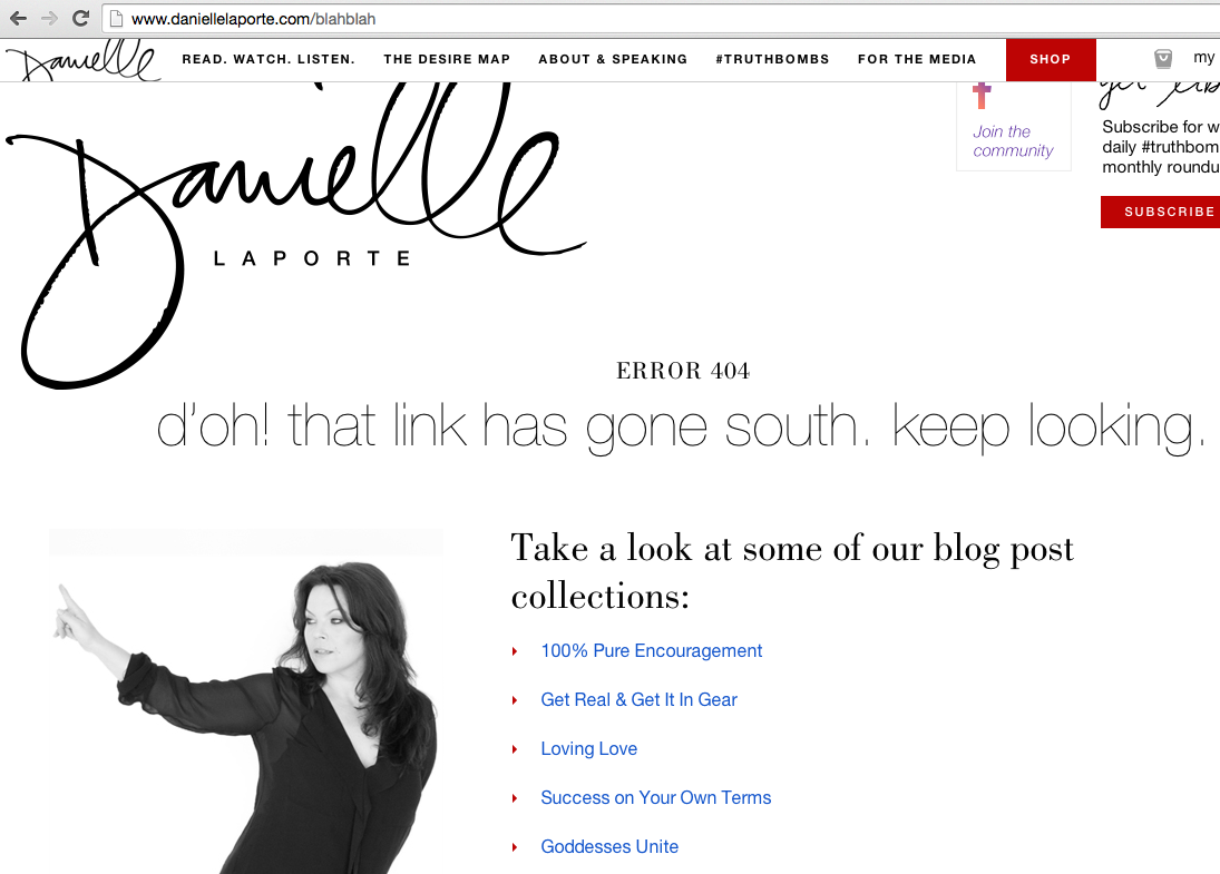 Danielle Laporte includes links to popular posts on her 404 error page