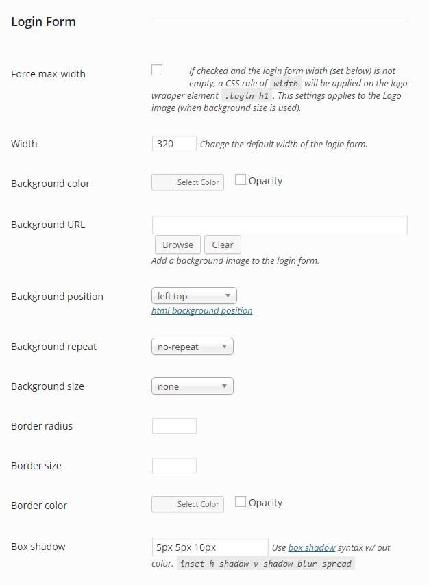 WordPress admin login design settings form